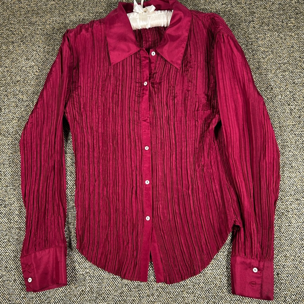 Alexandra Bartlett Silk Blouse Womens Medium Magenta Crinkle Pleated Button Down
